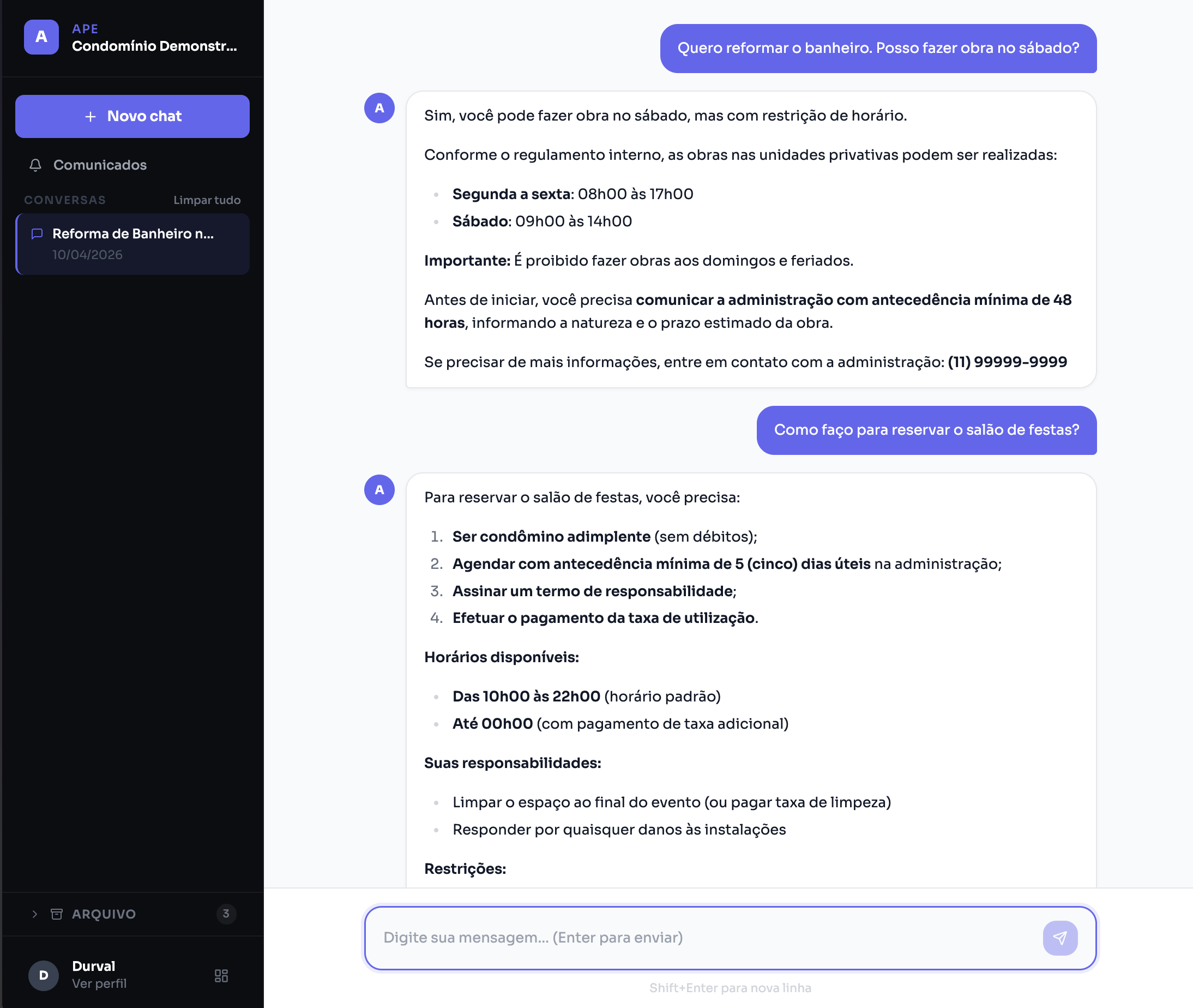 Chatbot respondendo dúvidas de moradores com base no regimento
